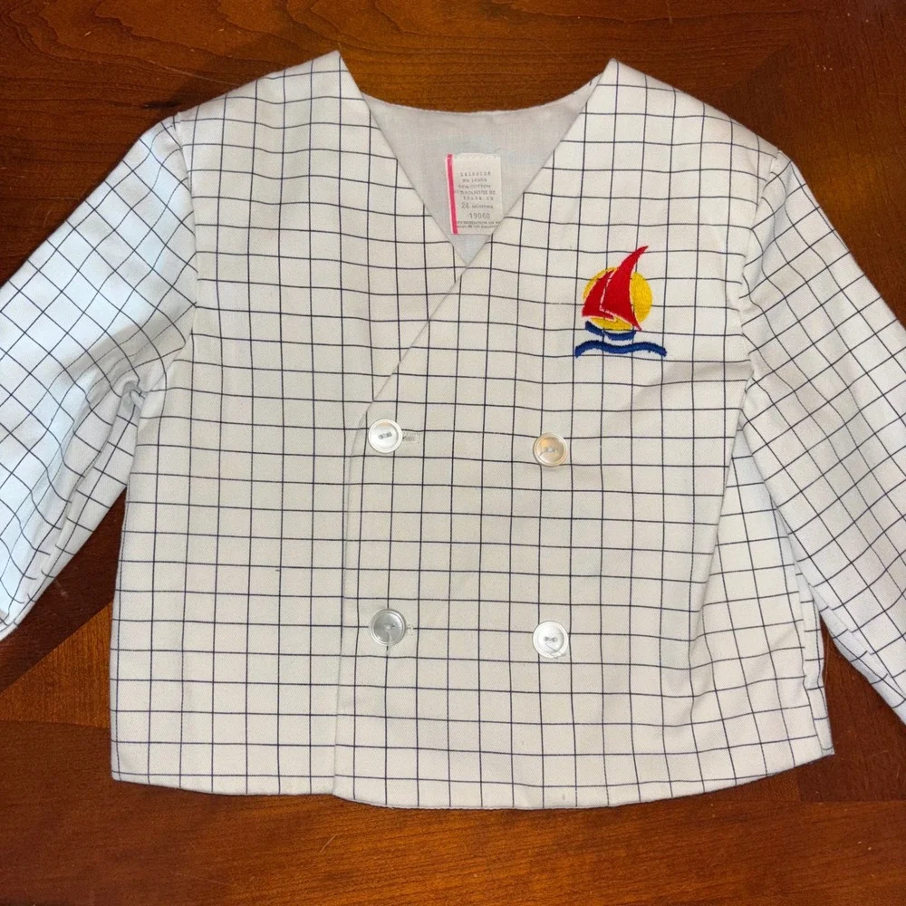 Kids/Baby Vintage Nautical Sailboat Grid Button Front Jacket Top | 24‎ Months
